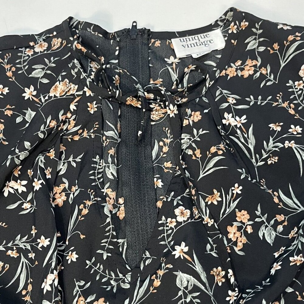 Unique Vintage Black Floral Open Front Tie Fit And Flare Dress Women Size XS/2 - Picture 5 of 14